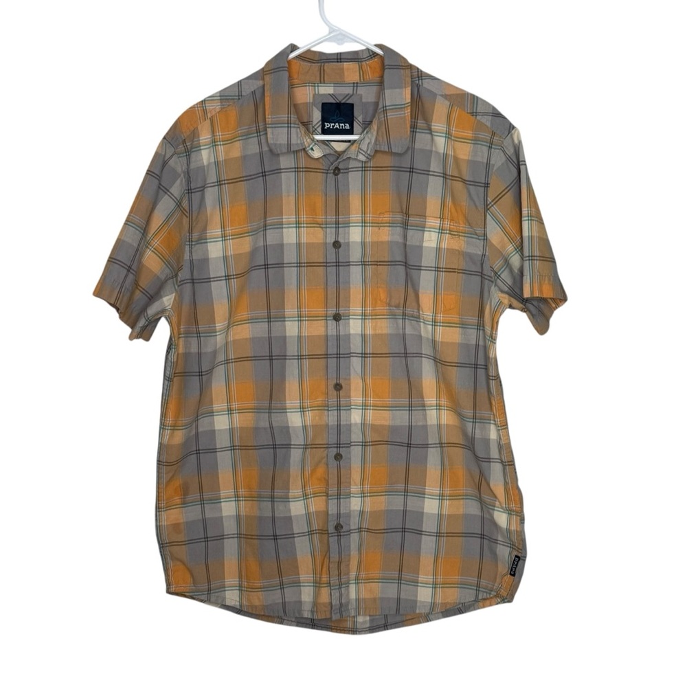 Men’s Prana Size Large Yellow/Gray/Brown/Turquoise Cotton/Polyester BF SS Shirt